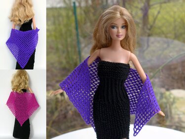 Puppe mit blonden Haaren in schwarzem Trägerkleid und lila gehäkelter Stola; links weitere Ansichten mit pinker Stola