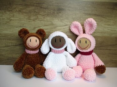 Häkelanleitung Plüsch-Trio Hase, Lamm, und Bär