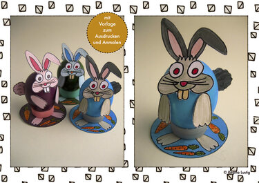 Bunte Osterhasen aus Kunststoffflaschen mit Papierohren und gezeichnetem Gesicht auf Pappteller. Eine Vorlage zum Ausdrucken ist im Bild.