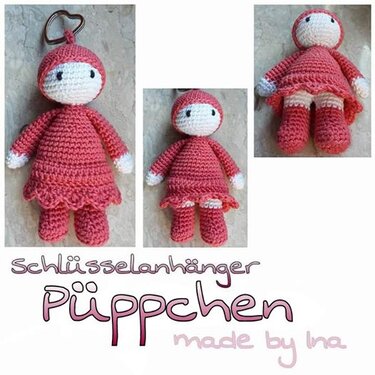 Gehäkelter Schlüsselanhänger Puppe rosa mit Kapuze und Rüschenkleid