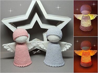 Zwei gehäkelte Engel in Rosa und Hellblau vor einem weißen Stern; Detailansichten zeigen warmes Leuchten