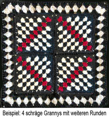 Gehäkeltes Quadrat mit vier diagonalen Granny Squares in Schwarz, Weiß und Rot, mit umrahmendem Rand