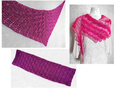 Collage: Nahaufnahme Korbmuster in Magenta, pinkes Tuch auf Schneiderpuppe, violettes Tuch mit Korbmuster.
