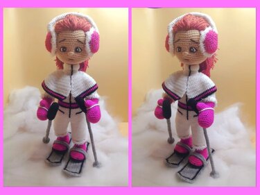 Gehäkelte Amigurumi-Skipuppe mit Ski, Skistöcken und Ohrenschützern in Weiß und Pink