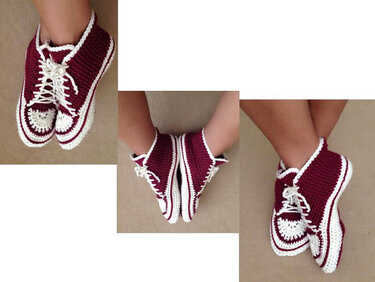 Burgundy and white crocheted sneaker-style slippers on feet