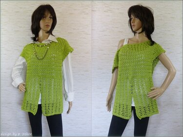 Mannequin zeigt offen gehäkeltes, limettengrünes Shirt mit Seitenschlitzen über weißem Top