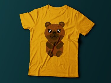 Senfgelbes T‑Shirt mit braunem Cartoon‑Bären als Plottmotiv