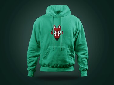 Grüner Kapuzenpullover mit rotem, stilisiertem Fuchsgesicht auf der Brust