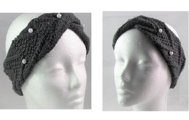 Dunkelgraues gestricktes Damenstirnband mit weißen Perlen, Seitenansicht