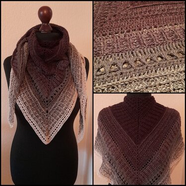 Nahaufnahmen eines gehäkelten Dreieckstuchs mit Lochreihen, Rippenstruktur und braun-beigem Farbverlauf.