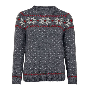 Grauer Damenpullover mit Fair-Isle-Schneeflocken und roten Akzenten
