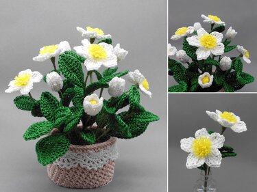 Crocheted pot filled with white yarn flowers with yellow centers and green leaves, plus two individual crocheted stems in a small vase.