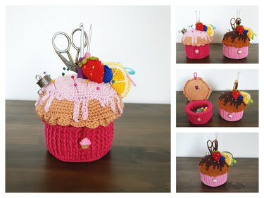 Gehäkeltes Cupcake-Nadelkissen in Rosa und Braun mit aufklappbarem Deckel, Stecknadeln, Schere und Häkelhaken