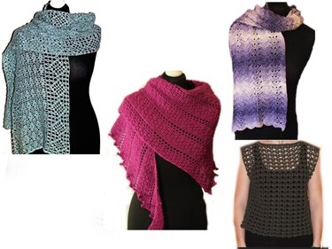 Vier gehäkelte Damenmodelle: hellblauer Schal, magenta Dreieckstuch, lila-weißer Verlaufsschal und dunkelgraues Top mit Lochmustern.
