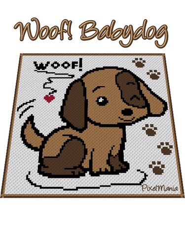Häkelmuster einer Decke mit sitzendem braunen Welpen, Pfotenabdrücken und dem Schriftzug „woof!“ im Pixelstil.