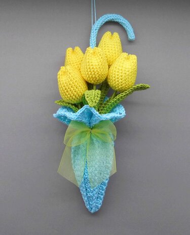 Crochet decoration tulips in umbrella