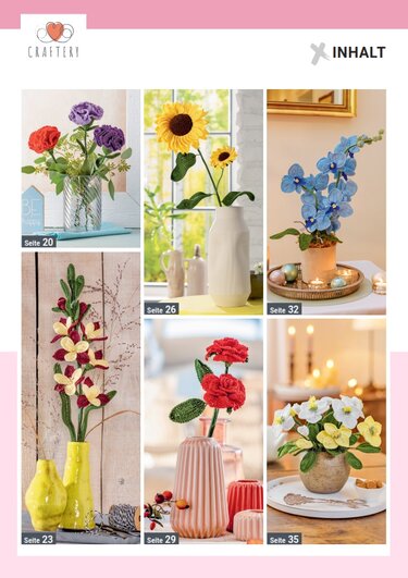 Collage mit sechs gehäkelten Blumen in Vasen, darunter Sonnenblume, Orchidee und Rosen