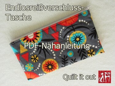 Flache rechteckige Tasche mit Endlosreißverschluss, grauem Grund und buntem geometrischem Muster
