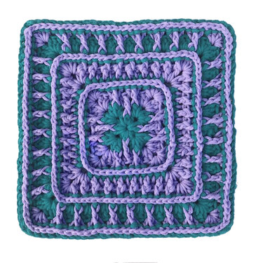 Gehäkeltes Granny‑Square in Türkis und Lila mit X‑förmigem Muster