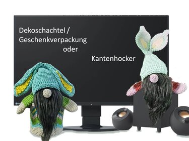 Zwei gehäkelte Osterwichtel mit Hasenohren als Kantenhocker