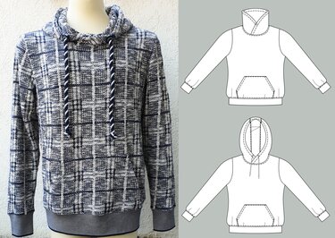 Herrenpullover in blau-weißem Karomuster mit hohem Schalkragen und Kordelzug auf einer Schneiderpuppe; rechts technische Zeichnungen für Kapuzen- und Schalkragenvarianten.