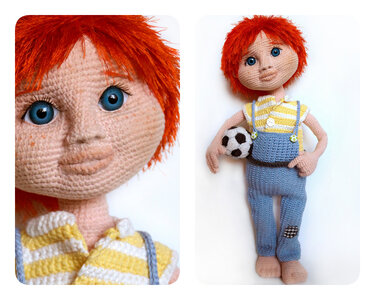 Crocheted amigurumi boy with red hair holding a soccer ball, close-up and full-body views