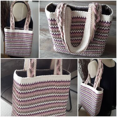 Gehäkelter Shopper mit wellenförmigen Streifen in Rosa, Lila, Beige und Braun, mehrere Detailansichten