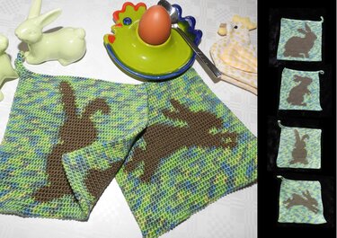 Crocheted potholders with brown bunny silhouettes on variegated green-blue yarn, shown with Easter table decor; side panel shows four bunny designs.