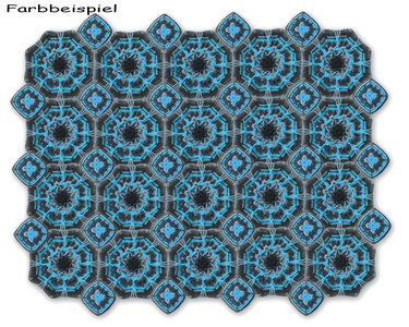 Gehäkelte Decke aus verbundenen Granny‑Motiven in Blau, Grau und Schwarz