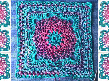 Gehäkeltes Quadrat in Türkis, Pink und Lila mit zentralem Mandala‑Muster und feinen Stichen