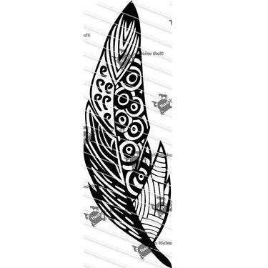 Black ornamental feather silhouette with concentric circles and linear tribal patterns