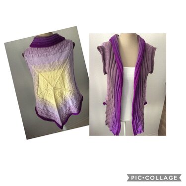 Gestrickte ärmellose Damenweste in Lila- und Gelbtönen mit großem Sternmuster auf dem Rücken, präsentiert auf einer Schneiderpuppe.