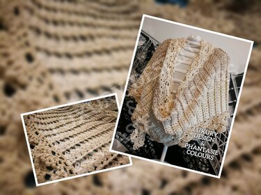 Beiges gehäkeltes Rechtecktuch mit Muschelkante auf Schneiderpuppe, Nahaufnahme des Musters
