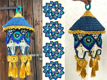 Gehäkelte Laternen-Hängedeko mit pfauenaugenähnlichen Motiven in Blau, Türkis und Gold; Gesamt- und Detailansichten.