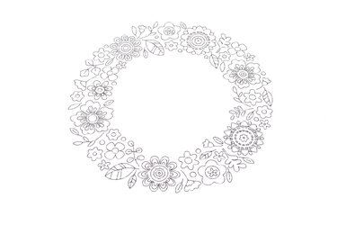 Line
‑Art Blumenkranz-Umriss mit verschiedenen Blüten und Blättern in Kreisform