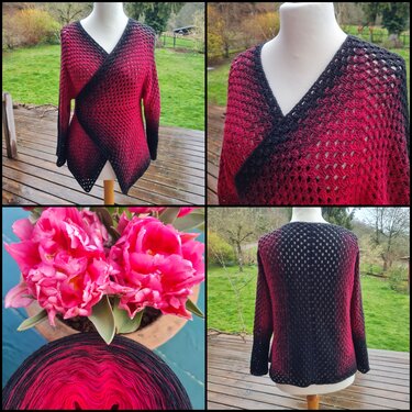 Gehäkelter Wickelpullover mit Wickelfront und Pink‑Schwarz‑Farbverlauf auf Schaufensterpuppe