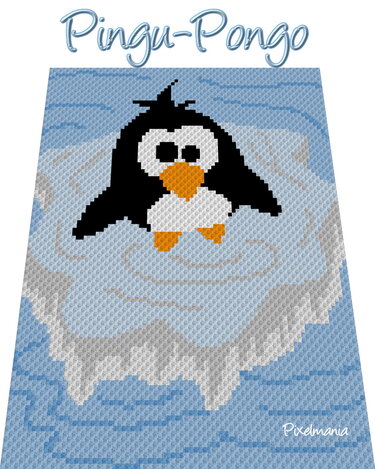 Pixel-Häkelmuster eines Pinguins auf einer Eisscholle vor blauem Hintergrund.
