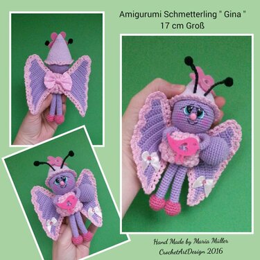 Nahaufnahme gehäkelter Amigurumi Schmetterling lila rosa, gesticktes Gesicht, Fühler, ca. 17 cm