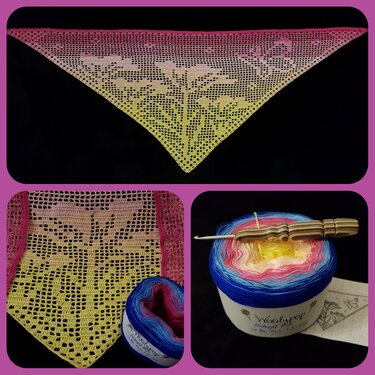 Dreieckstuch mit Filetmotiv in Gelb–Rosa–Pink und Verlaufsgarn