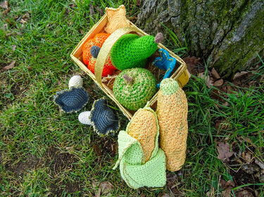 Gehäkelte Früchte und Gemüse in einem Holz-Kistchen auf Gras