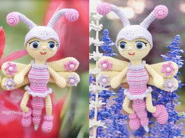 Gehäkelte Amigurumi
Schmetterlingspuppe in Rosa, Gelb und Lila vor unscharfem Blumenhintergrund.