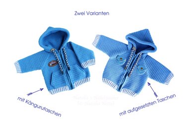 Two blue crocheted hooded baby jackets with zippers \u2014 one with a kangaroo pocket and one with patch pockets