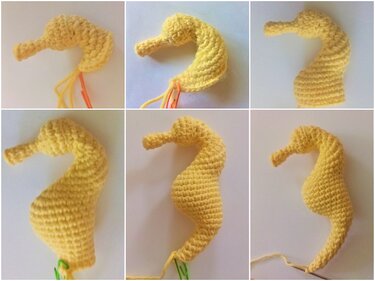 Six-panel sequence showing stages of crocheting a yellow amigurumi seahorse from first stitches to near completion.