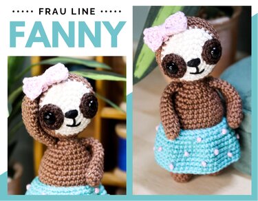 Gehäkeltes Faultier-Amigurumi in Braun und Beige mit rosa Schleife und hellblauem Rock mit rosa Punkten.