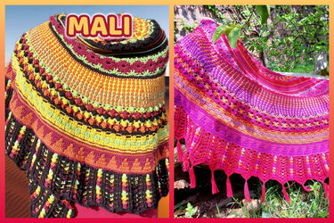Two handmade crocheted crescent shawls, one in warm yellow, orange, and maroon, the other in bright pink and purple with tassels.