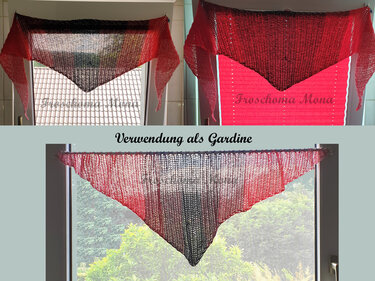 Häkel‑Dreieckstuch in Rot bis Schwarz mit offenem Maschenbild, als Gardine vor einem Fenster aufgehängt