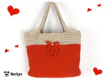Zweifarbige gehäkelte Henkeltasche in Rot und Beige mit Schleife und geflochtenen Henkeln