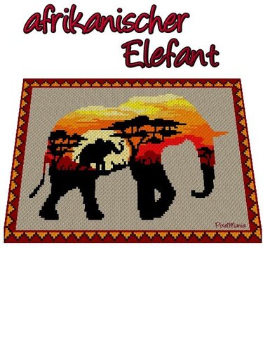 Pixelhäkelmotiv: Elefantenmutter mit Kalb als Silhouette vor Sonnenuntergang und Savannenbäumen.