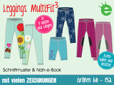 Illustrierte Kinderleggings in mehreren Varianten und Farben mit Schriftzug „Leggings MultiFit3“ und Hinweis zu Größen 68–152