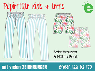 Technische Zeichnungen: zwei lange gestreifte Papiertüte-Hosen und zwei kurze geblümte Shorts für Kinder und Teens.